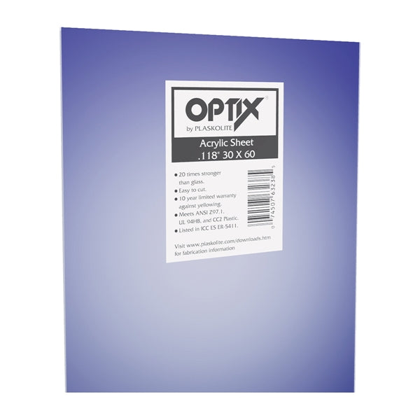 OPTIX 1AG1700A Flat Sheet, 60 in L, 30 in W, 0.118 in Thick, Clear