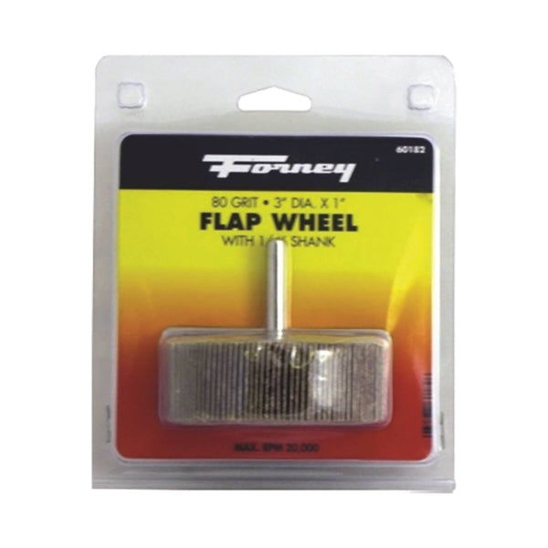 Forney 60182 Flap Wheel, 3 in Dia, 1 in Thick, 1/4 in Arbor, 80 Grit, Aluminum Oxide Abrasive