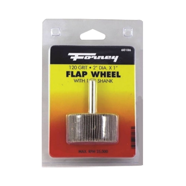 Forney 60186 Flap Wheel, 2 in Dia, 1 in Thick, 1/4 in Arbor, 120 Grit, Aluminum Oxide Abrasive