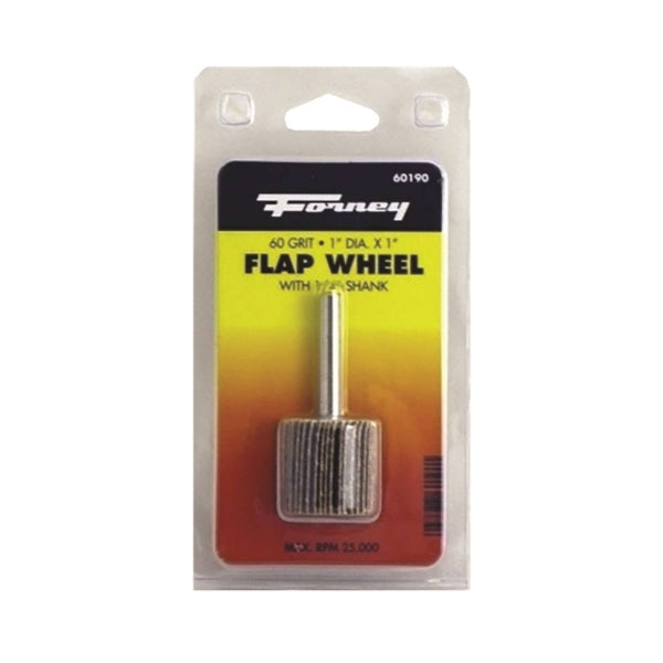 Forney 60190 Flap Wheel, 1 in Dia, 1 in Thick, 1/4 in Arbor, 60 Grit, Aluminum Oxide Abrasive