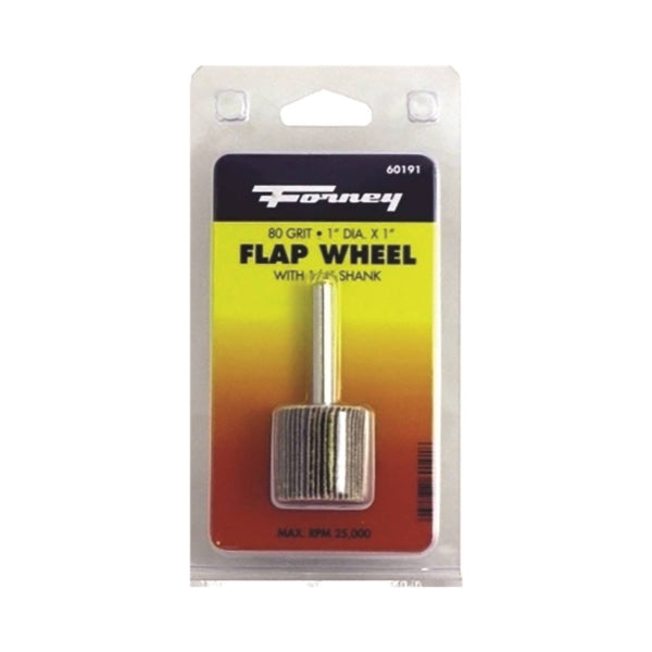 Forney 60191 Flap Wheel, 1 in Dia, 1 in Thick, 1/4 in Arbor, 80 Grit, Aluminum Oxide Abrasive