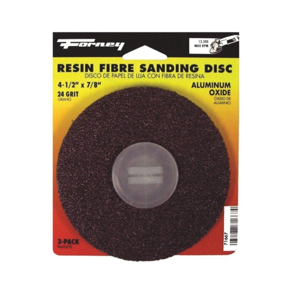 Forney 71667 Sanding Disc, 4-1/2 in Dia, 7/8 in Arbor, Coated, 24 Grit, Extra Coarse, Aluminum Oxide Abrasive