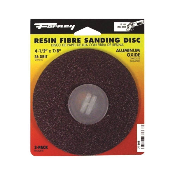 Forney 71668 Sanding Disc, 4-1/2 in Dia, 7/8 in Arbor, Coated, 36 Grit, Extra Coarse, Aluminum Oxide Abrasive