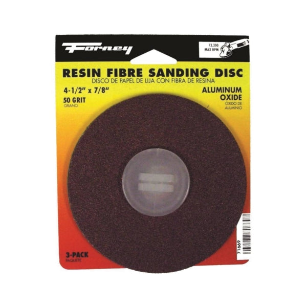 Forney 71669 Sanding Disc, 4-1/2 in Dia, 7/8 in Arbor, Coated, 50 Grit, Coarse, Aluminum Oxide Abrasive
