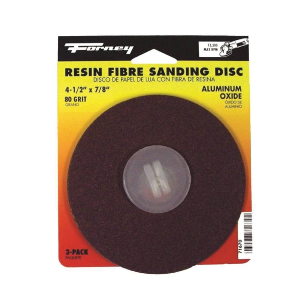 Forney 71670 Sanding Disc, 4-1/2 in Dia, 7/8 in Arbor, Coated, 80 Grit, Medium, Aluminum Oxide Abrasive