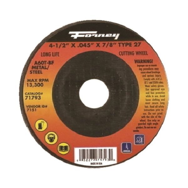 Forney 71793 Cut-Off Wheel, 4-1/2 in Dia, 0.045 in Thick, 7/8 in Arbor, 60 Grit, Medium, Aluminum Oxide Abrasive