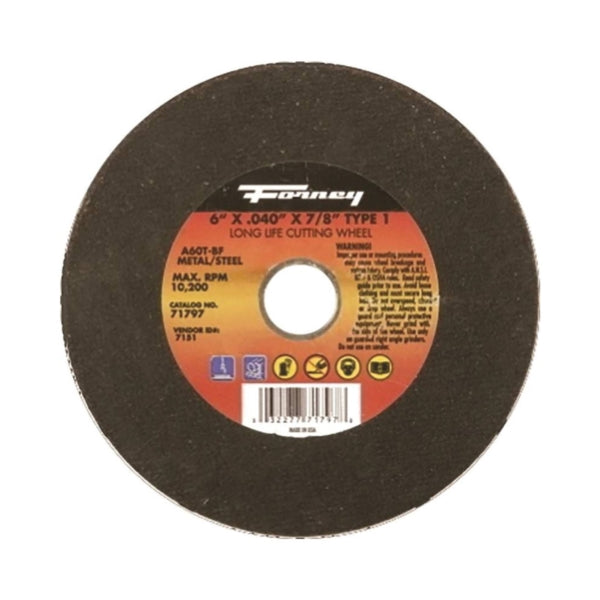 Forney 71797 Cut-Off Wheel, 6 in Dia, 0.04 in Thick, 7/8 in Arbor, 60 Grit, Medium, Aluminum Oxide Abrasive