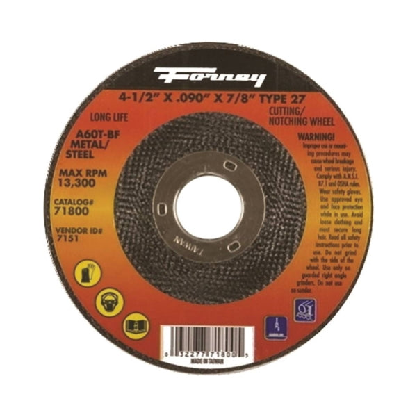 Forney 71800 Cut-Off Wheel, 4-1/2 in Dia, 3/32 in Thick, 7/8 in Arbor, 36 Grit, Medium, Aluminum Oxide Abrasive