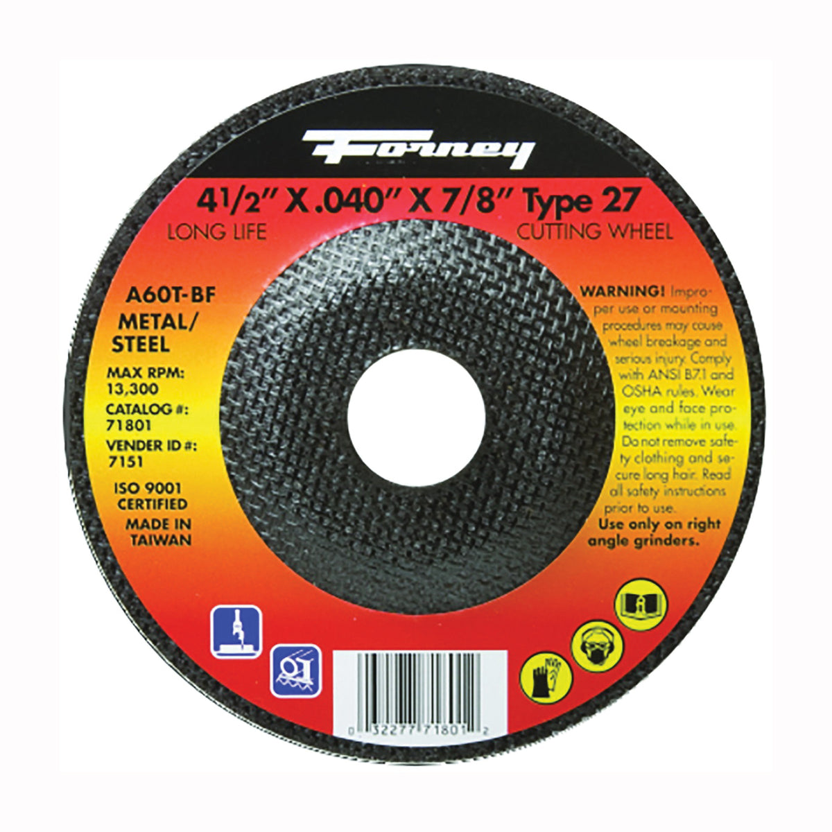 Forney 71801 Cut-Off Wheel, 4-1/2 in Dia, 0.04 in Thick, 7/8 in Arbor, 60 Grit, Medium, Aluminum Oxide Abrasive