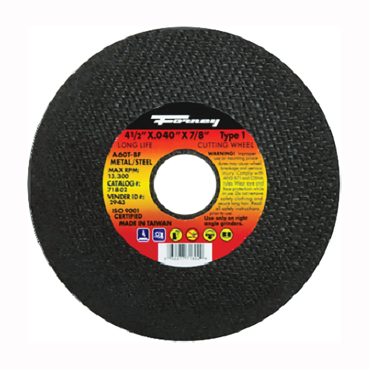 Forney 71802 Cut-Off Wheel, 4-1/2 in Dia, 0.04 in Thick, 7/8 in Arbor, 60 Grit, Medium, Aluminum Oxide Abrasive