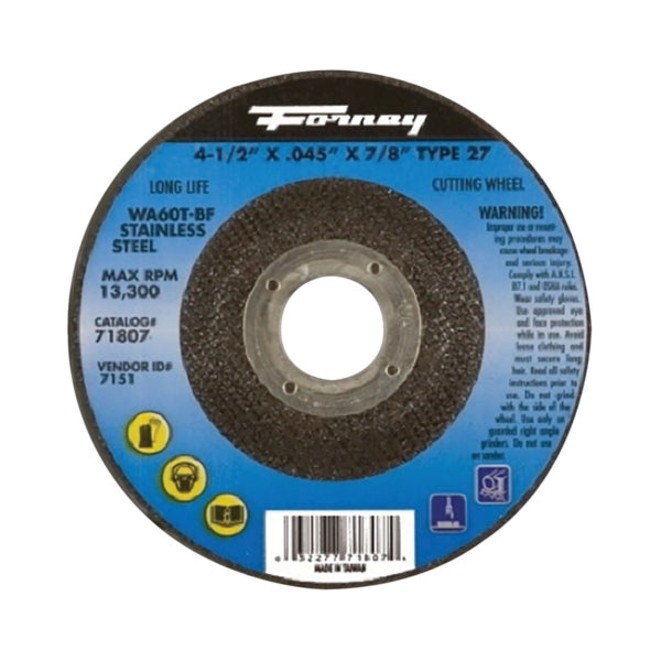 Forney 71807 Cut-Off Wheel, 4-1/2 in Dia, 0.045 in Thick, 7/8 in Arbor, 46 Grit, Medium, Aluminum Oxide Abrasive