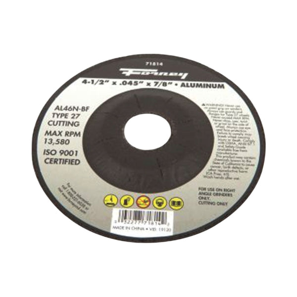 Forney 71814 Cut-Off Wheel, 4-1/2 in Dia, 0.045 in Thick, 7/8 in Arbor, 46 Grit, Medium, Aluminum Oxide Abrasive