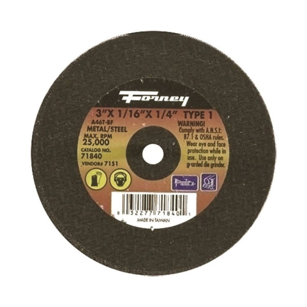 Forney 71840 Cut-Off Wheel, 3 in Dia, 1/16 in Thick, 1/4 in Arbor, 46 Grit, Medium, Aluminum Oxide Abrasive