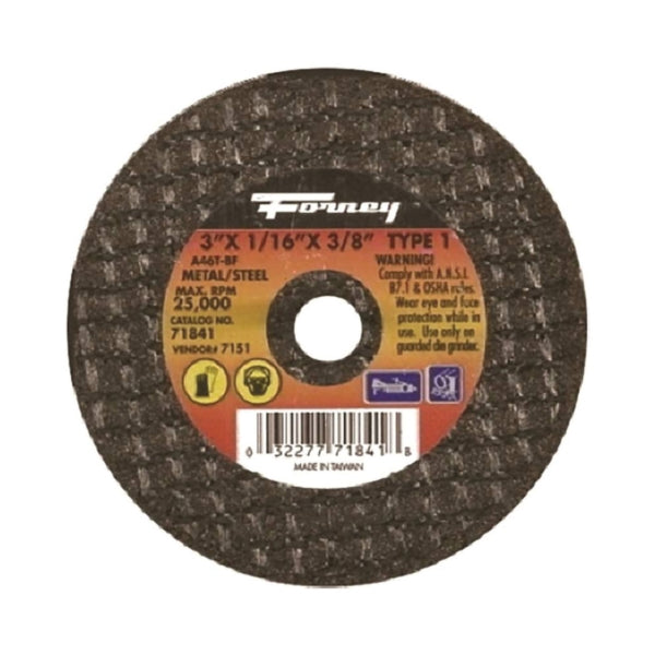 Forney 71841 Cut-Off Wheel, 3 in Dia, 1/16 in Thick, 3/8 in Arbor, 46 Grit, Medium, Aluminum Oxide Abrasive