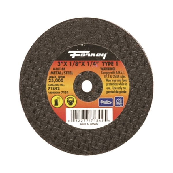Forney 71842 Cut-Off Wheel, 3 in Dia, 1/8 in Thick, 1/4 in Arbor, 36 Grit, Medium, Aluminum Oxide Abrasive