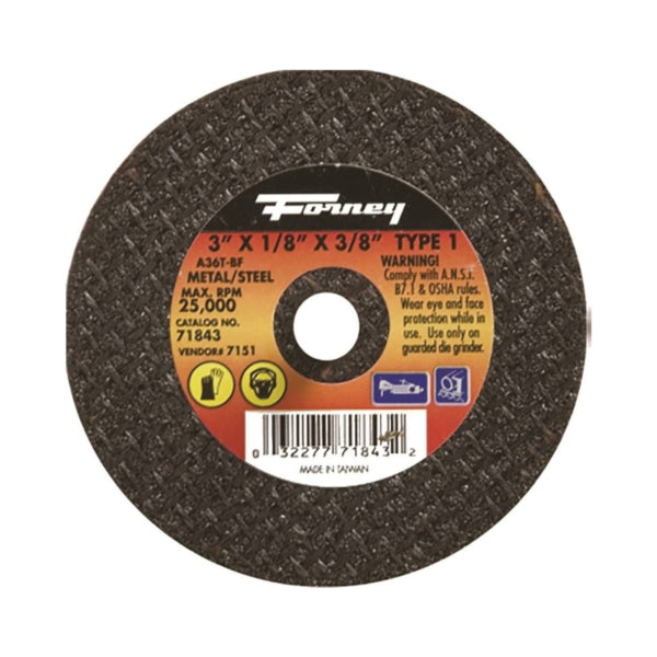 Forney 71843 Cut-Off Wheel, 3 in Dia, 1/8 in Thick, 3/8 in Arbor, 36 Grit, Medium, Aluminum Oxide Abrasive
