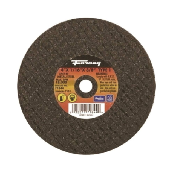 Forney 71844 Cut-Off Wheel, 4 in Dia, 1/16 in Thick, 3/8 in Arbor, 46 Grit, Medium, Aluminum Oxide Abrasive