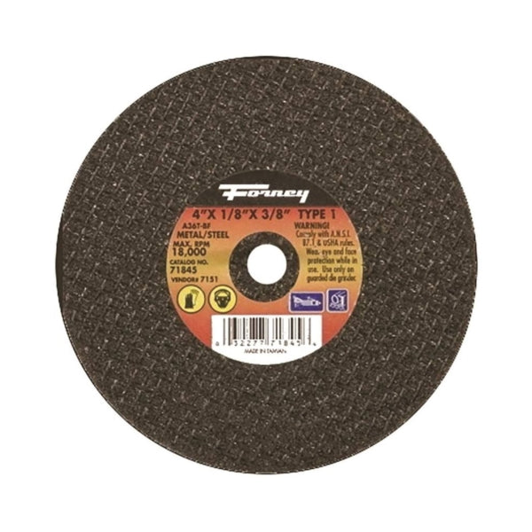 Forney 71845 Cut-Off Wheel, 4 in Dia, 1/8 in Thick, 3/8 in Arbor, 36 Grit, Medium, Aluminum Oxide Abrasive