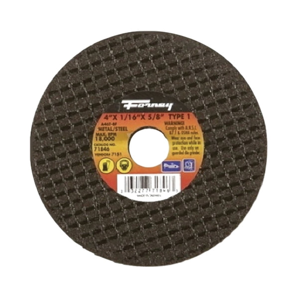 Forney 71846 Cut-Off Wheel, 4 in Dia, 1/16 in Thick, 5/8 in Arbor, 46 Grit, Medium, Aluminum Oxide Abrasive