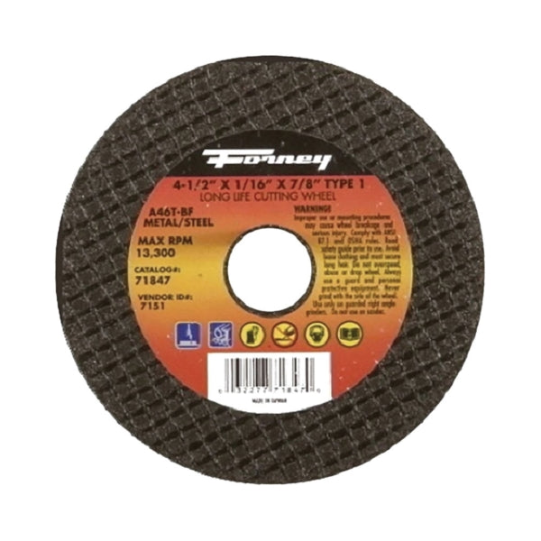 Forney 71847 Cut-Off Wheel, 4-1/2 in Dia, 1/16 in Thick, 7/8 in Arbor, 46 Grit, Medium, Aluminum Oxide Abrasive