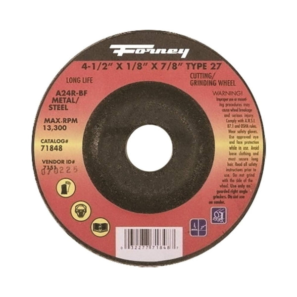 Forney 71848 Cut-Off Wheel, 4-1/2 in Dia, 1/8 in Thick, 7/8 in Arbor, 24 Grit, Coarse, Aluminum Oxide Abrasive