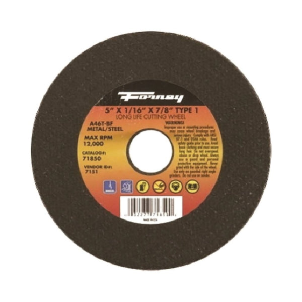 Forney 71850 Cut-Off Wheel, 5 in Dia, 1/16 in Thick, 7/8 in Arbor, 46 Grit, Medium, Aluminum Oxide Abrasive