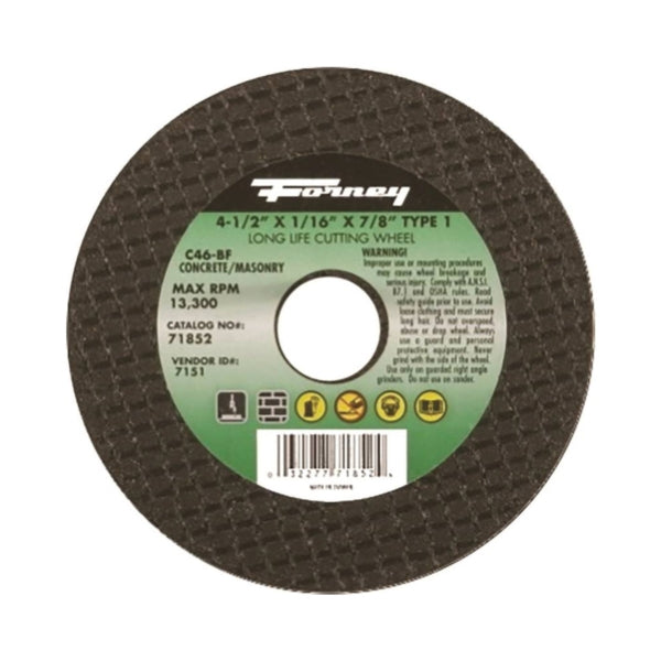 Forney 71852 Cut-Off Wheel, 4-1/2 in Dia, 1/16 in Thick, 7/8 in Arbor, 24 Grit, Coarse, Silicone Carbide Abrasive