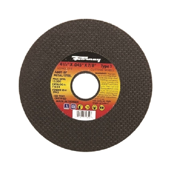Forney 71854 Cut-Off Wheel, 4-1/2 in Dia, 0.045 in Thick, 7/8 in Arbor, 60 Grit, Medium, Aluminum Oxide Abrasive