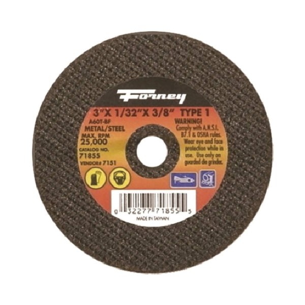 Forney 71855 Cut-Off Wheel, 3 in Dia, 1/32 in Thick, 3/8 in Arbor, 60 Grit, Medium, Aluminum Oxide Abrasive