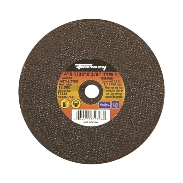 Forney 71856 Cut-Off Wheel, 4 in Dia, 1/32 in Thick, 3/8 in Arbor, 60 Grit, Medium, Aluminum Oxide Abrasive