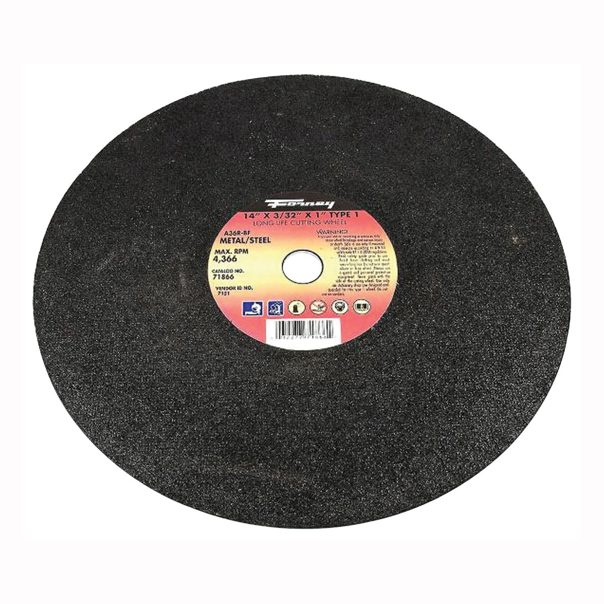 Forney 71866 Cut-Off Wheel, 14 in Dia, 3/32 in Thick, 1 in Arbor, 36 Grit, Medium, Aluminum Oxide Abrasive