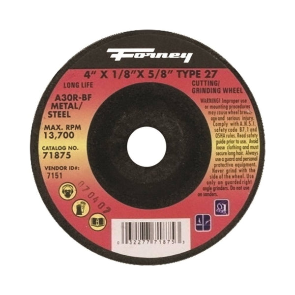Forney 71875 Grinding Wheel, 4 in Dia, 1/8 in Thick, 5/8 in Arbor, 30 Grit, Medium, Aluminum Oxide Abrasive