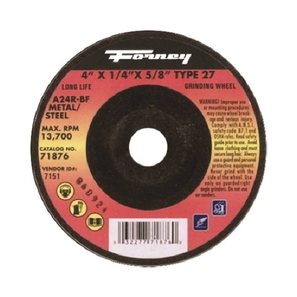 Forney 71876 Grinding Wheel, 4 in Dia, 1/4 in Thick, 5/8 in Arbor, 24 Grit, Coarse, Aluminum Oxide Abrasive