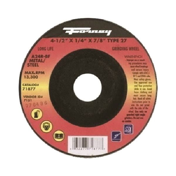 Forney 71877 Grinding Wheel, 4-1/2 in Dia, 1/4 in Thick, 7/8 in Arbor, 24 Grit, Coarse, Aluminum Oxide Abrasive