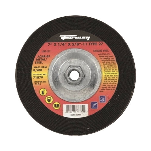 Forney 71879 Grinding Wheel, 7 in Dia, 1/4 in Thick, 5/8-11 in Arbor, 24 Grit, Coarse, Aluminum Oxide Abrasive