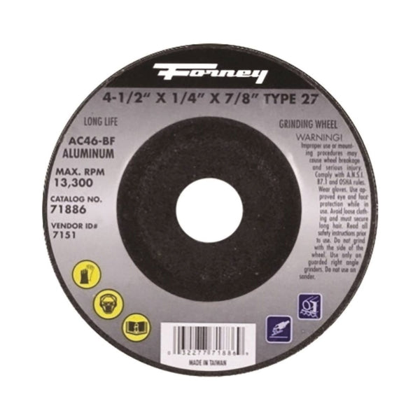 Forney 71886 Grinding Wheel, 4-1/2 in Dia, 1/4 in Thick, 7/8 in Arbor, 46 Grit, Medium, Aluminum Oxide Abrasive