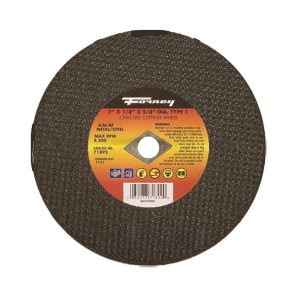 Forney 71892 Cut-Off Wheel, 7 in Dia, 1/8 in Thick, 5/8 in Arbor, 24 Grit, Coarse, Aluminum Oxide Abrasive