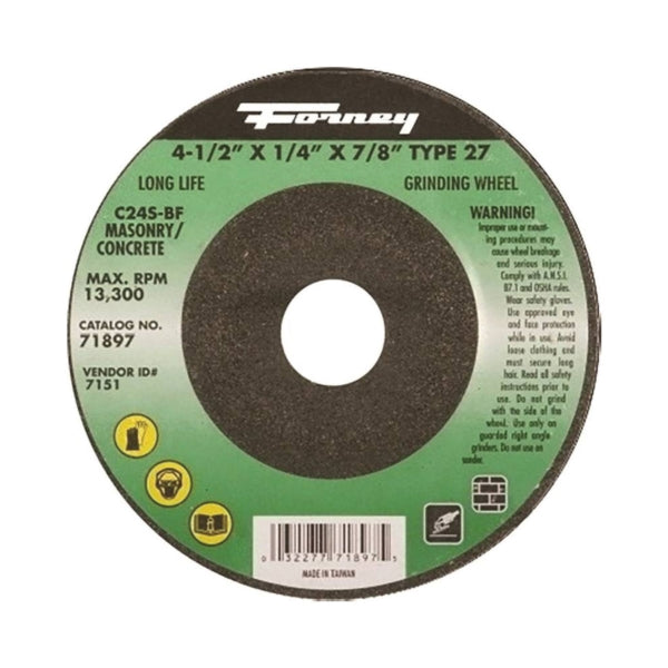 Forney 71897 Grinding Wheel, 4-1/2 in Dia, 1/4 in Thick, 7/8 in Arbor, 24 Grit, Coarse, Silicone Carbide Abrasive