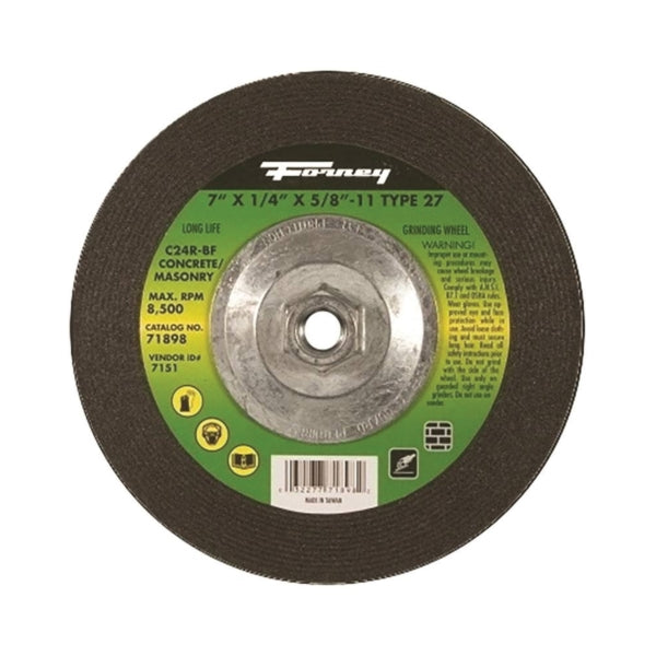 Forney 71898 Grinding Wheel, 7 in Dia, 1/4 in Thick, 5/8-11 in Arbor, 24 Grit, Coarse, Silicone Carbide Abrasive