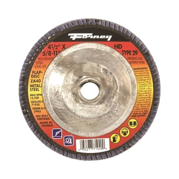 Forney 71920 Flap Disc, 4-1/2 in Dia, 5/8-11 Arbor, 40 Grit, Medium, Zirconia Aluminum Abrasive