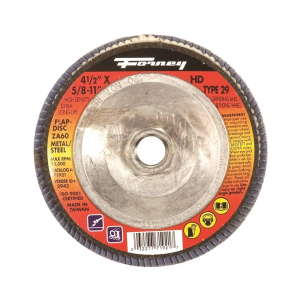 Forney 71921 Flap Disc, 4-1/2 in Dia, 5/8-11 Arbor, 60 Grit, Medium, Zirconia Aluminum Abrasive