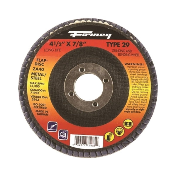 Forney 71926 Flap Disc, 4-1/2 in Dia, 7/8 in Arbor, 36 Grit, Medium, Zirconia Aluminum Abrasive