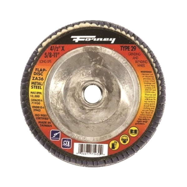 Forney 71930 Flap Disc, 4-1/2 in Dia, 5/8-11 Arbor, 36 Grit, Medium, Zirconia Aluminum Abrasive