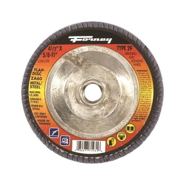 Forney 71931 Flap Disc, 4-1/2 in Dia, 5/8-11 Arbor, 60 Grit, Medium, Zirconia Aluminum Abrasive