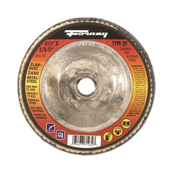 Forney 71932 Flap Disc, 4-1/2 in Dia, 5/8-11 Arbor, 80 Grit, Fine, Zirconia Aluminum Abrasive, Fiberglass Backing