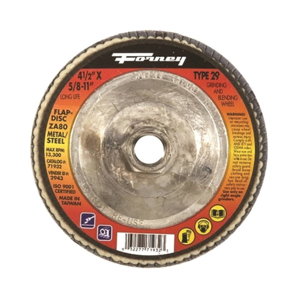 Forney 71933 Flap Disc, 4-1/2 in Dia, 5/8-11 Arbor, 120 Grit, Fine, Zirconia Aluminum Abrasive, Fiberglass Backing