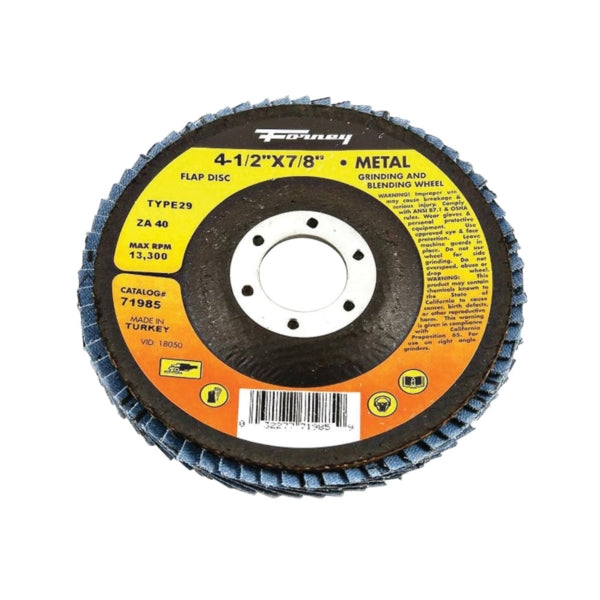 Forney 71985 Flap Disc, 4-1/2 in Dia, 7/8 in Arbor, 40 Grit, Medium, Zirconia Aluminum Abrasive