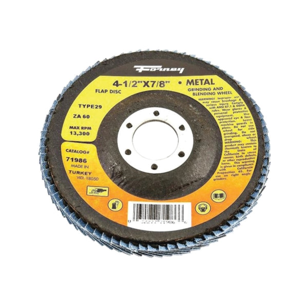 Forney 71986 Flap Disc, 4-1/2 in Dia, 7/8 in Arbor, 60 Grit, Medium, Zirconia Aluminum Abrasive