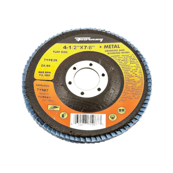 Forney 71987 Flap Disc, 4-1/2 in Dia, 7/8 in Arbor, 80 Grit, Fine, Zirconia Aluminum Abrasive, Fiberglass Backing