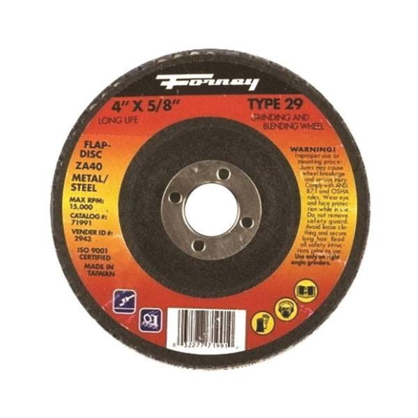 Forney 71991 Flap Disc, 4 in Dia, 5/8 in Arbor, 36 Grit, Medium, Zirconia Aluminum Abrasive, Fiberglass Backing